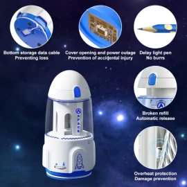 Automatic Pencil Sharpener Electric Adjustable Thickness Cartoon Rocket Spacecraft Sharpener Tool For Student Kid Birthday Gift