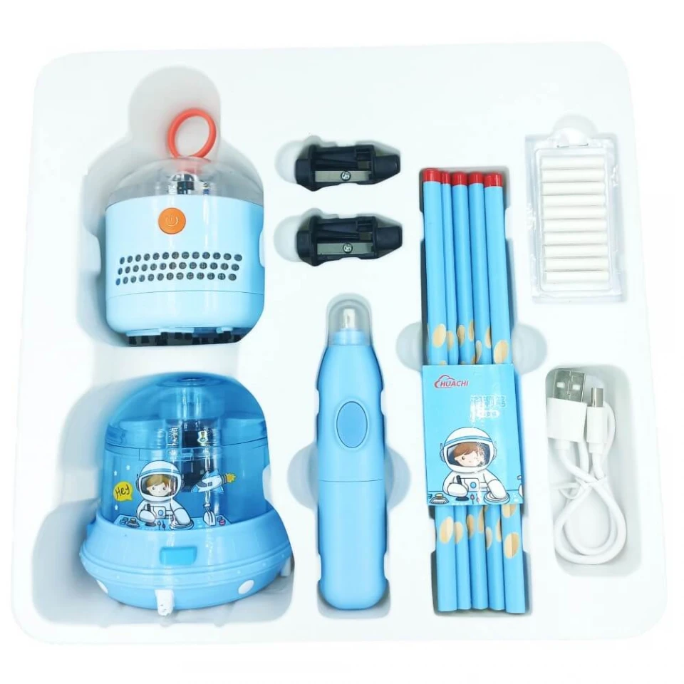 Huachi Automatic Electric Pencil Sharpener Magic Erasers Mini Vacuum Cleaner Electric Stationery Set Gift Box