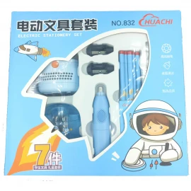 Huachi Automatic Electric Pencil Sharpener Magic Erasers Mini Vacuum Cleaner Electric Stationery Set Gift Box