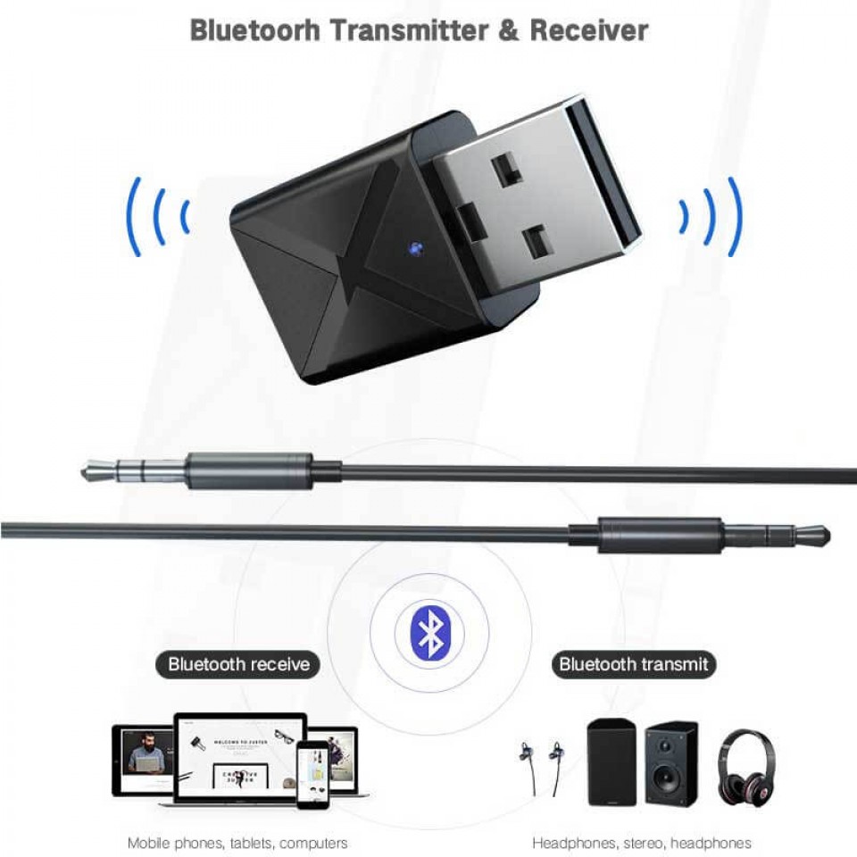 Bluetooth 5.0 USB Wireless Transmitter Receiver 2in1 Audio Adapter 3.5mm  Aux Car