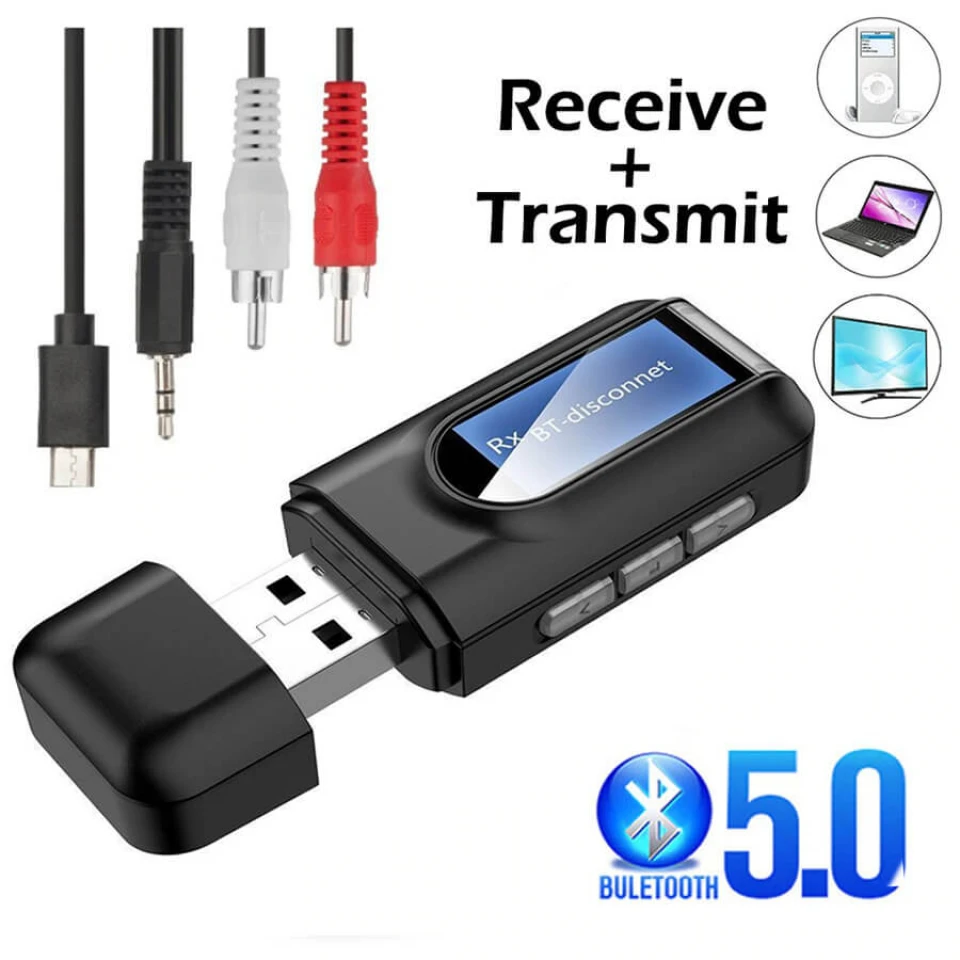 USB Bluetooth 5.0 + EDR + LCD Display audio receiver and transmitter with bluetooth audio jack receiver for TV Car PC