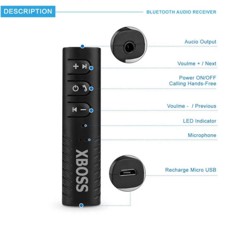 XBOSS A7 Bluetooth Receiver Bluetooth 4 2 Car aux Adapter Audio Adapter 3  5mm Handsfree for Car Stereo Audio System Headphone Speaker Earbuds