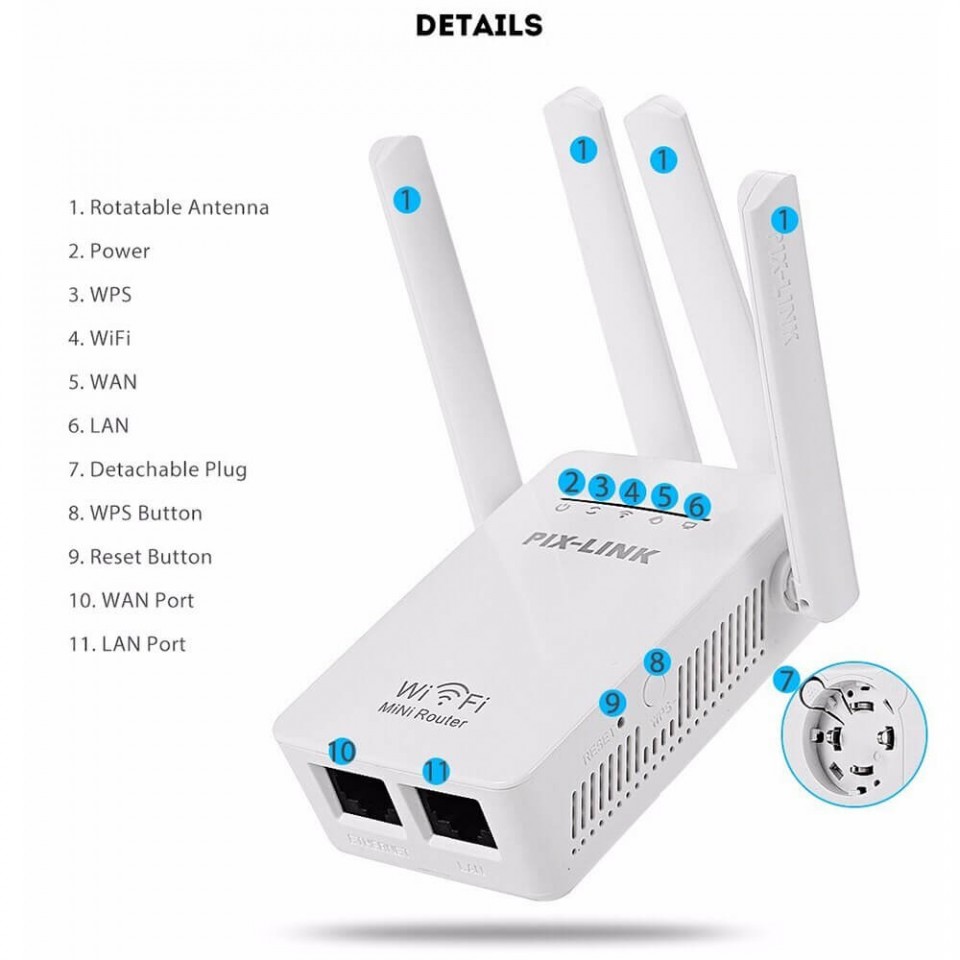 Pix-Link Wireless Extender Ethernet Port 300Mbps Wifi Repeater Booster 2 Ghz Long Range Wi Fi Signal Booster