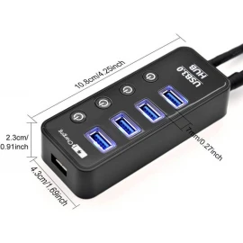 XBOSS i4 USB Splitter for Laptop PC 5 Ports USB 3.0 Hub High Speed 5Gbps 66 Sm Cable with Individual On/Off Switches (Black)