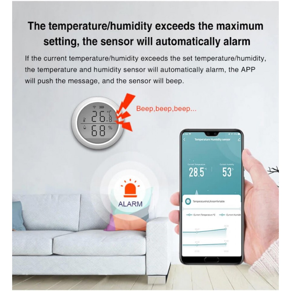 Tuya Smart WiFi Humidity and Temperature Sensor with Display and Alarm
