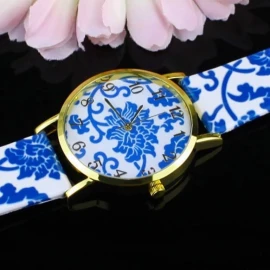 Women's Geneva Flowers Pattern Faux Leather Round Dial Analog Quartz Wrist Watch