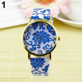 Women's Geneva Flowers Pattern Faux Leather Round Dial Analog Quartz Wrist Watch