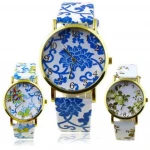 Women's Geneva Flowers Pattern Faux Leather Round Dial Analog Quartz Wrist Watch