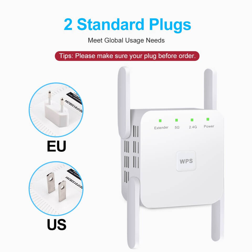 Extend WiFi Signal to Smart Home & Alex Devices 1200Mbps, White WiFi Range Extender 1200Mbps Wireless Signal Repeater Booster 2.4 & 5GHz Dual Band 4 Antennas 360° Full Coverage