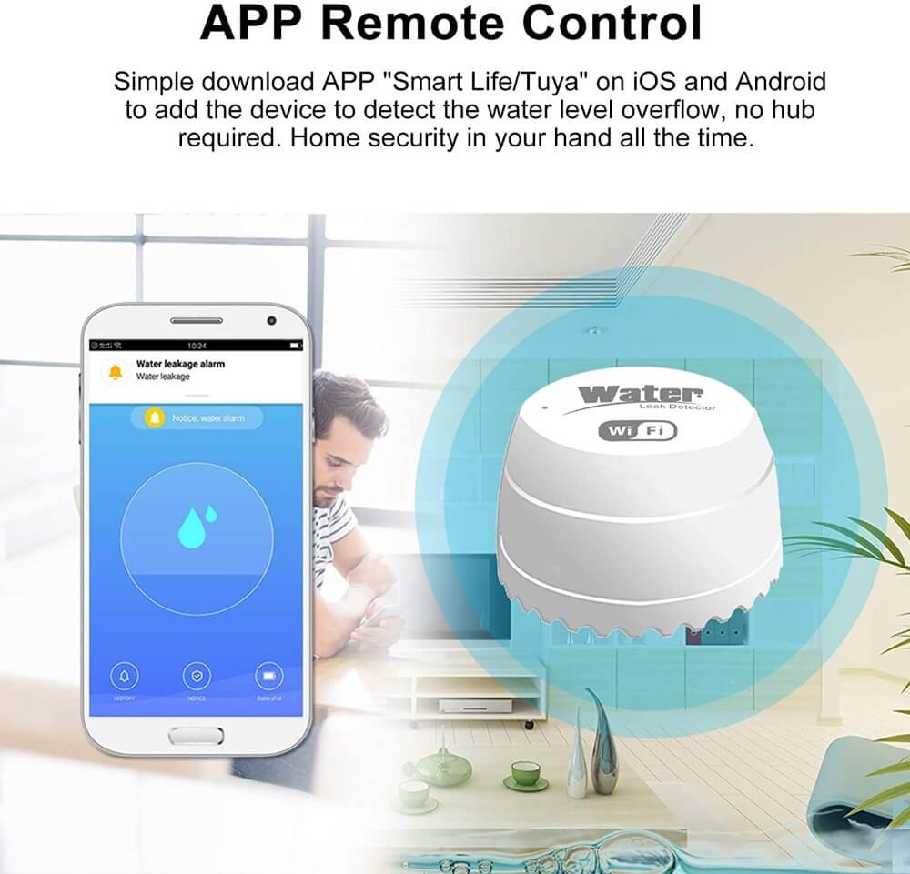 WiFi Water Sensor , Smart Water Leak Detector, Tuya APP Free Remote  Monitoring of Leaks, App Alerts,Remote Notification for Laundry, Basement