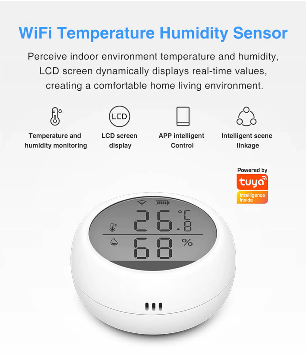 Smart WiFi Temperature and Humidity Sensor with LCD Display, Tuya Indoor 